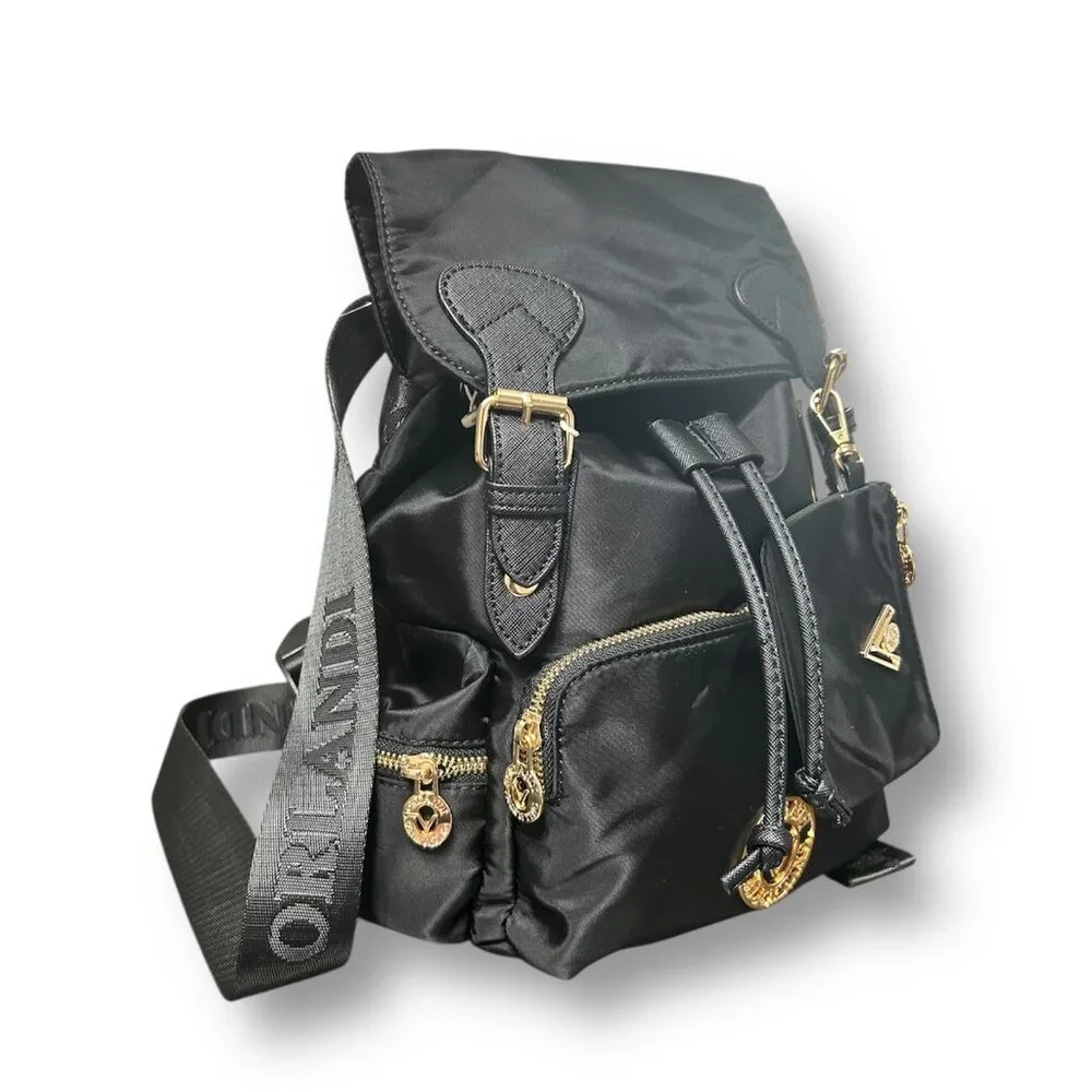 Valentino Orlandi Black Vegan Nylon Backpack w/ Pouch Logo‎ Gold Hardwarware NWT